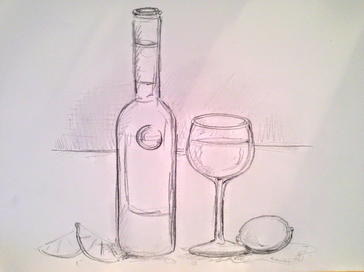1247x935 Freehand Pencil Sketch Of Bottle, Wine Glass, And Lemon Slices - Wine Bottle And Glass Sketch
