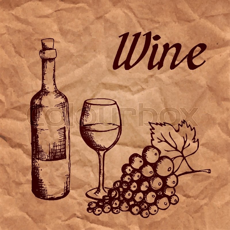 800x800 Hand Drawn Sketch Of Wine Bottle, Glass And Grapes On The Old - Wine Bottle And Glass Sketch