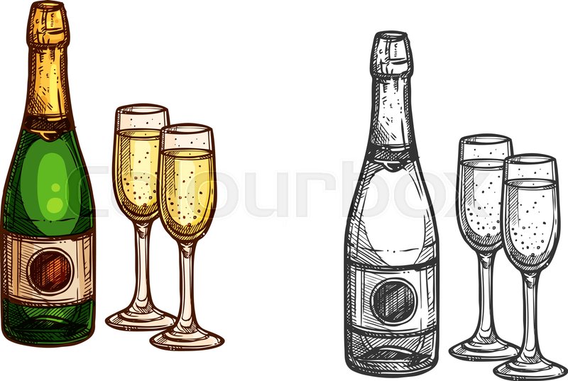 800x537 New Year Celebration Champagne Bottle With Glasses. Vector Color - Wine Bottle Sketch