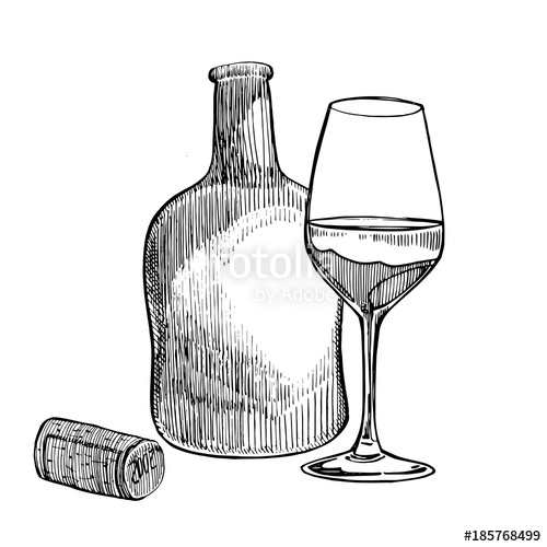 500x500 Red Wine Bottle And Glasses, Sketch Style Vector Illustration - Wine Bottle Sketch