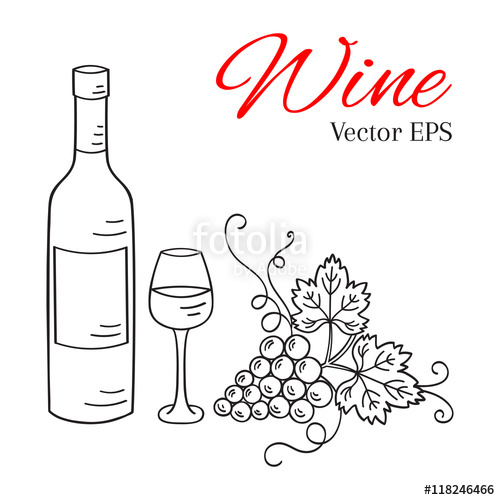500x500 Wine Bottle, Glass And Grapes Vector Illustrations Isolated, Hand - Wine Bottle Sketch