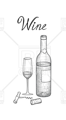 220x400 Wine Glass, Bottle, Corkscrew, Wine Stopper, Lettering. Vineyard - Wine Bottle Sketch