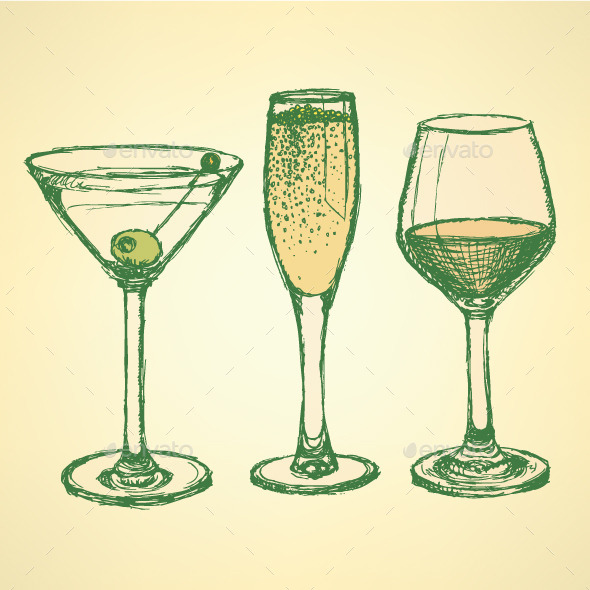 590x590 Sketch Martini, Champagne And Wine Glass By Kali Ua Graphicriver - Wine Glass Sketch