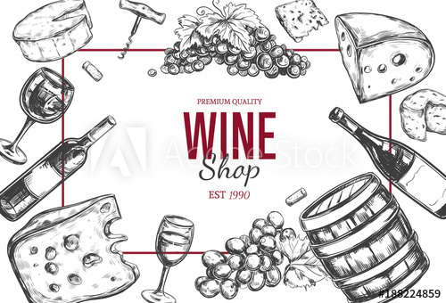 500x340 Wine Shop Frame. Vector Hand Drawn Cover Including Wine Glass - Wine Sketch