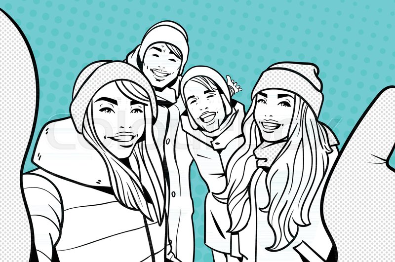 800x531 Sketch Of Young People In Winter Clothes Making Selfie Photo Over - Winter Clothes Sketch