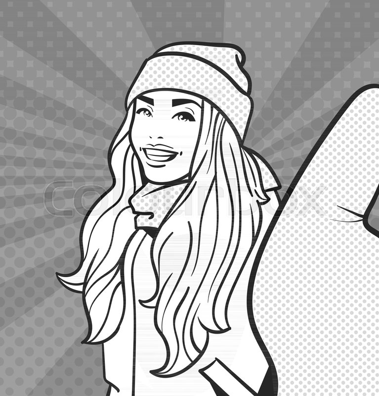 767x800 Sketch Of Young Woman In Winter Clothes Take Selfie Photo Over Pop - Winter Clothes Sketch
