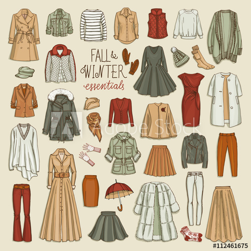 500x500 Vector Illustration Of Female Fall And Winter Fashion Collection - Winter Clothes Sketch
