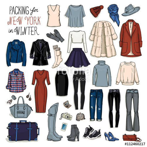 500x500 Vector Illustration Of Packing For New York In Winter. Sketch Of - Winter Clothes Sketch