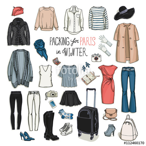 500x500 Vector Illustration Of Packing For Paris In Winter. Sketch Of - Winter Clothes Sketch