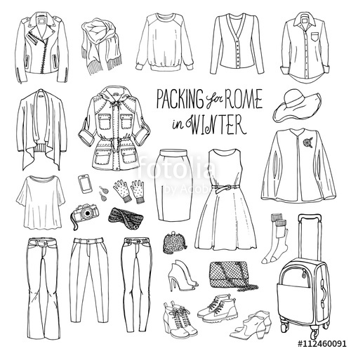 500x500 Vector Illustration Of Packing For Rome In Winter. Sketch Of - Winter Clothes Sketch