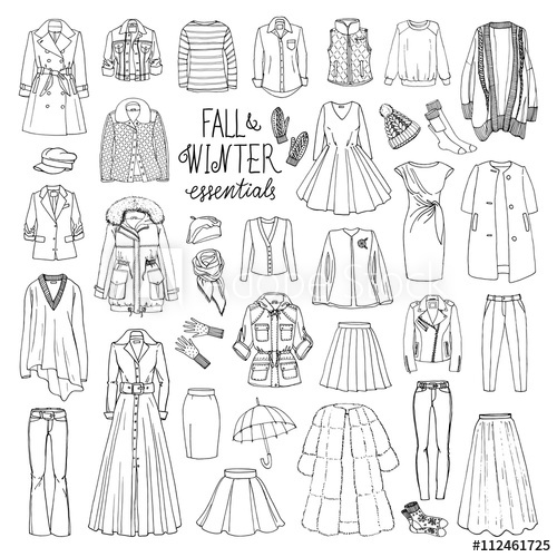 500x500 Vector Illustration Of Woman Fall And Winter Fashion Collection Of - Winter Clothes Sketch