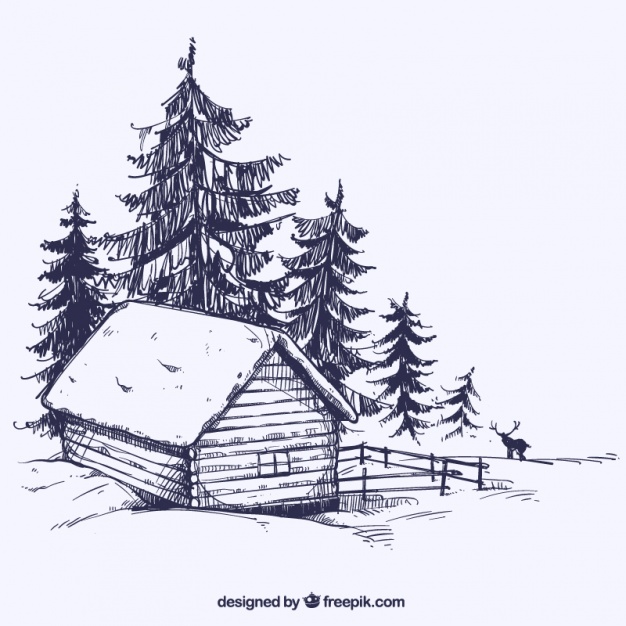 626x626 Winter Landscape Sketch With Wooden Hut Vector Premium Download - Winter Landscape Sketch