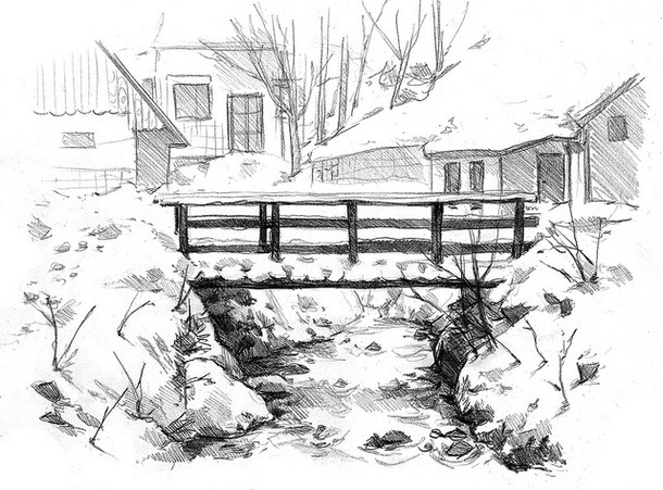610x451 Bridge, Brook, Landscape, Sketch, Winter - Winter Landscape Sketch