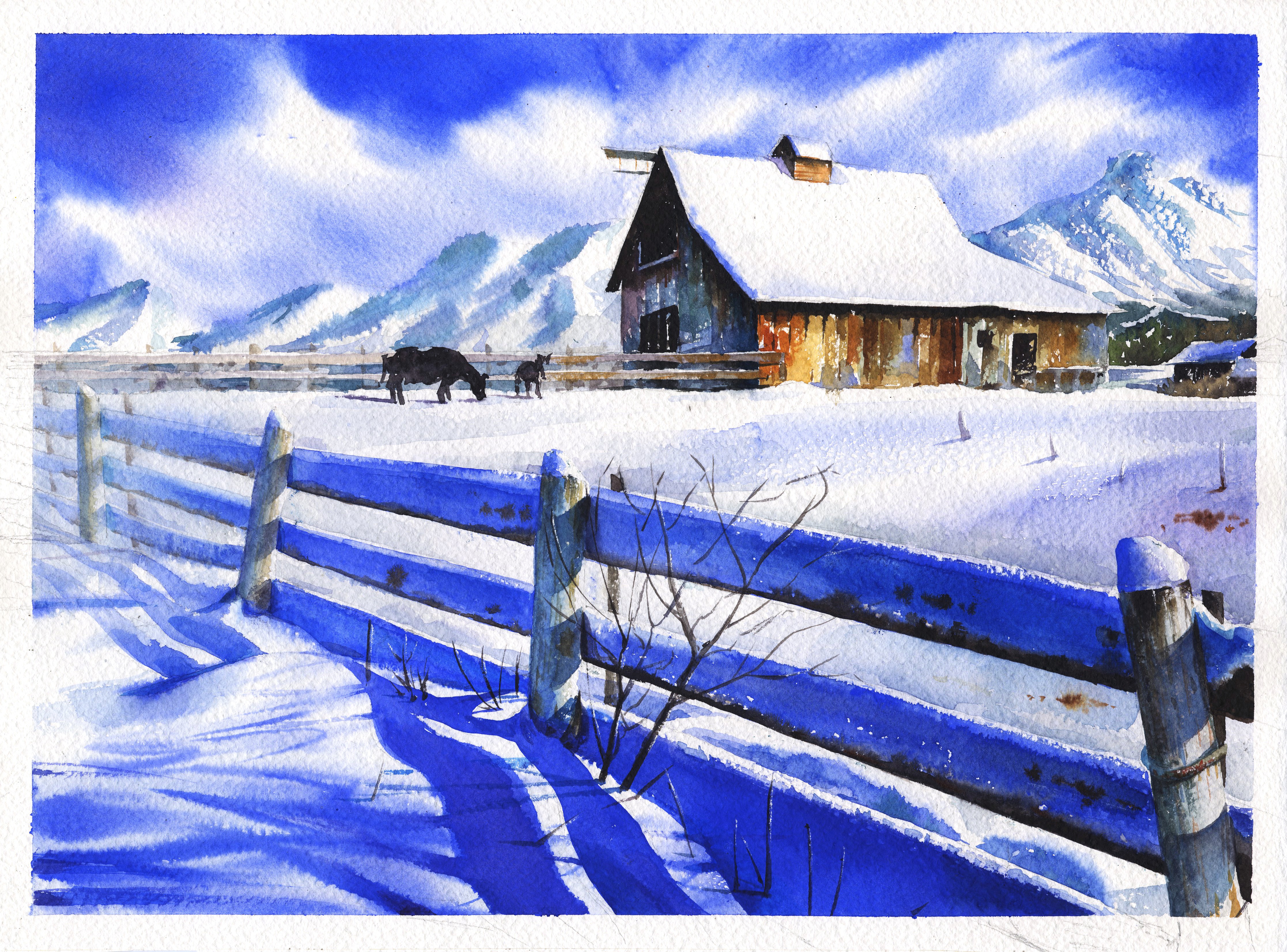 4467x3304 Free Images Snow, Wood, Blue, Painting, Figure, Sketch, Drawing - Winter Landscape Sketch