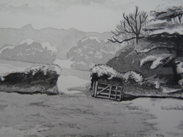 600x450 Winter Snow Scene Christmas Blank A6 Card, Black And White Artwork - Winter Scene Sketch