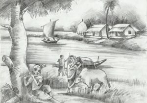 300x210 Pencil Sketch Picture Of Village Life How To Draw Winter Season - Winter Season Sketch