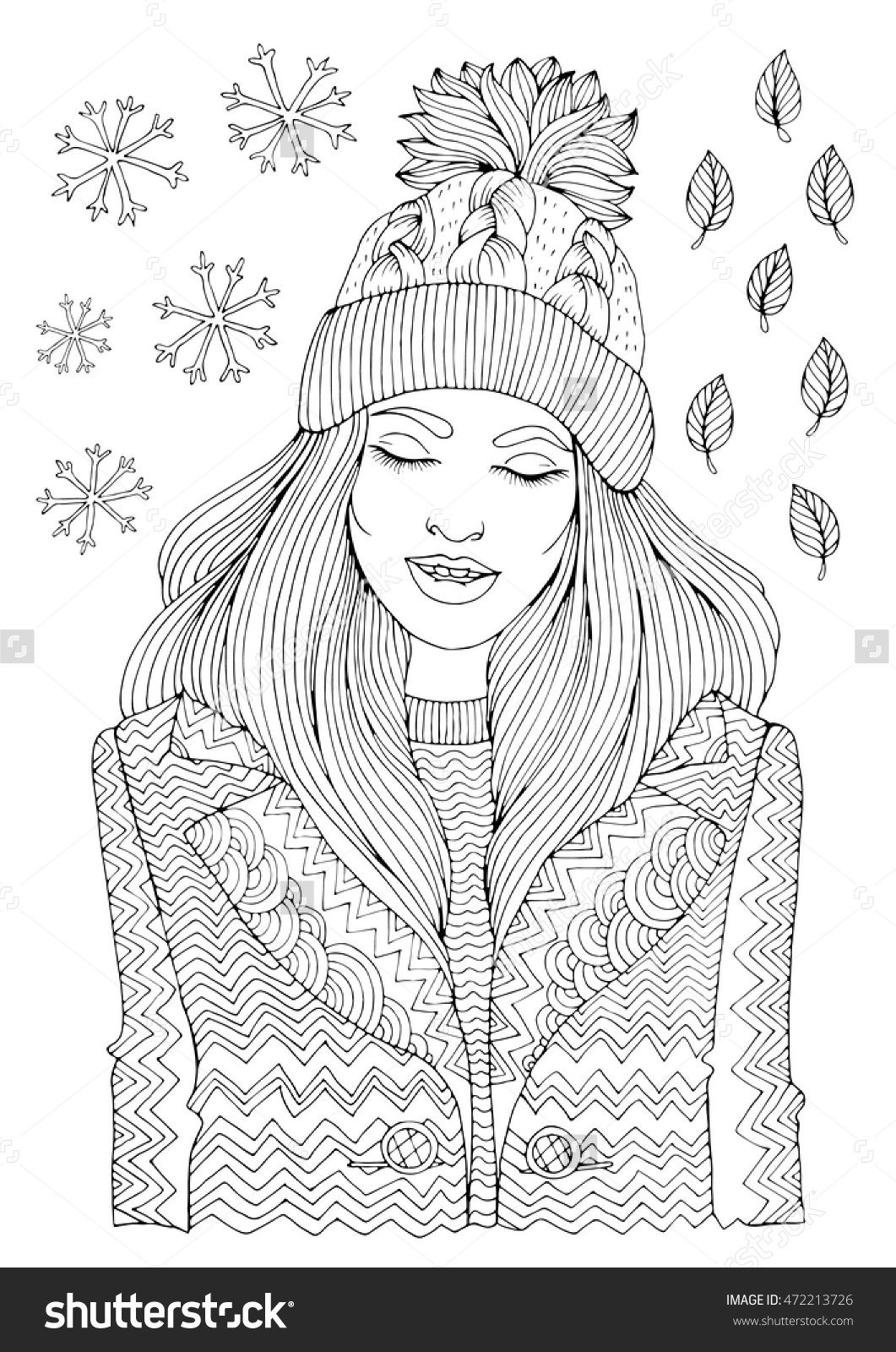1061x1600 Vector Hand Drawn Fashion Smiling Girl In A Warm Knitted Hat And - Winter Season Sketch