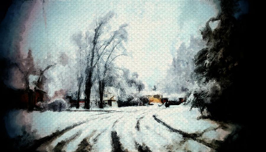 900x515 Winter Road Snow Tracks Painting Sketch Of Trees And Cold Season - Winter Season Sketch