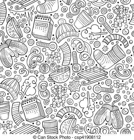 450x470 Cartoon Cute Hand Drawn Winter Season Seamless Pattern. Line Art - Winter Season Sketch