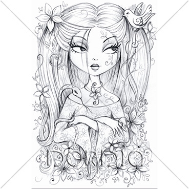 369x369 Pretty Witch Sketch Placement Print - Witch Sketch