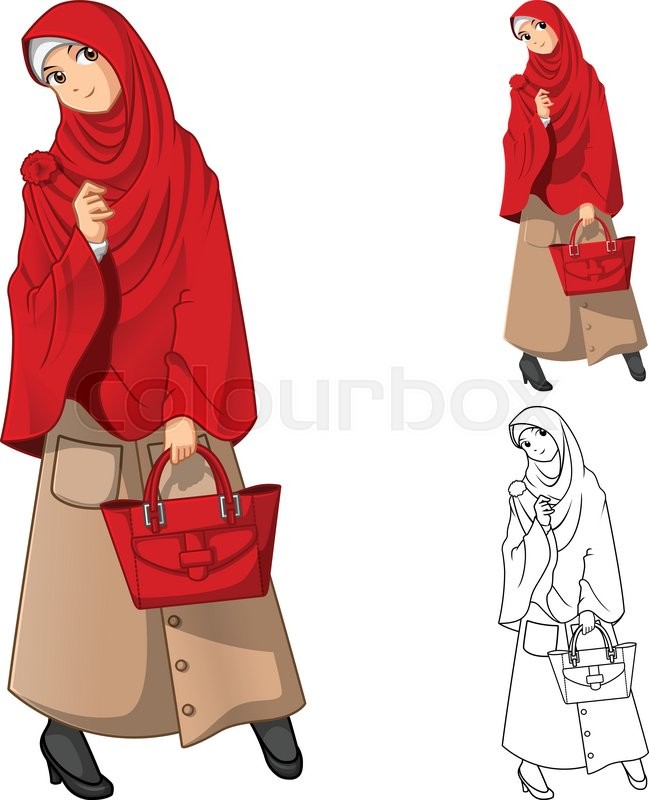 649x800 Muslim Woman Fashion Wearing Red Veil Or Scarf With Holding A Bag - Woman Fashion Sketch
