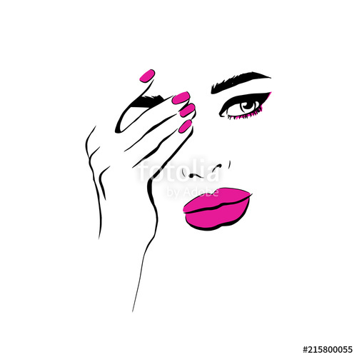 500x500 Fashion Woman With Pink Lips Closes Hand Face Sketch. Fashion Face - Woman Hand Sketch