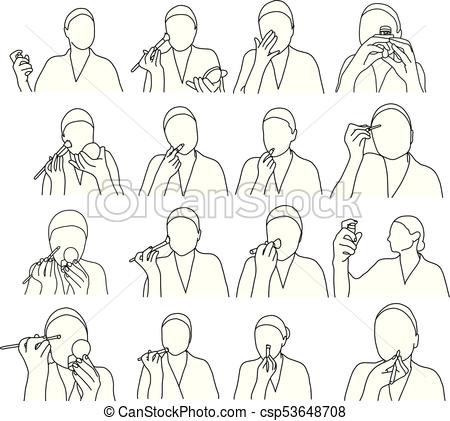450x421 Set Of Woman Using Cosmetics To Makeup Vector Illustration Outline - Woman Outline Sketch