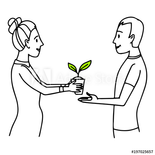 500x500 Woman Giving A Pot With Plant To A Man. Lifestyle Situation - Woman Outline Sketch