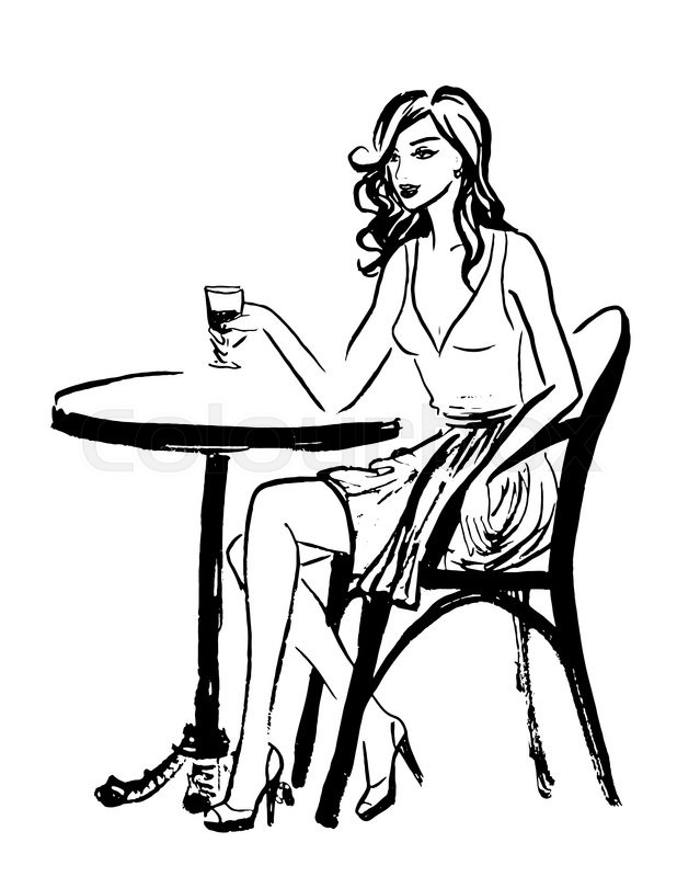 639x800 Fashion Illustration Of Sitting Woman In Cafe Of Paris. Ink - Woman Outline Sketch