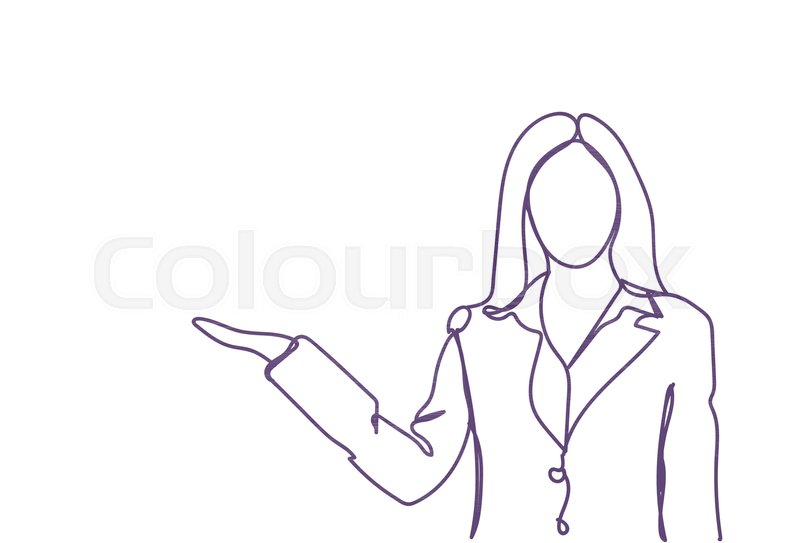800x543 Business Woman Holding Open Palm To Copy Space Doodle Female - Woman Silhouette Sketch
