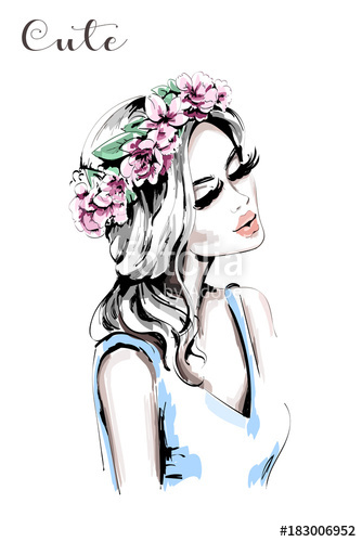 334x500 Beautiful Woman With Flower Wreath In Her Hair. Hand Drawn Cute - Woman Sketch