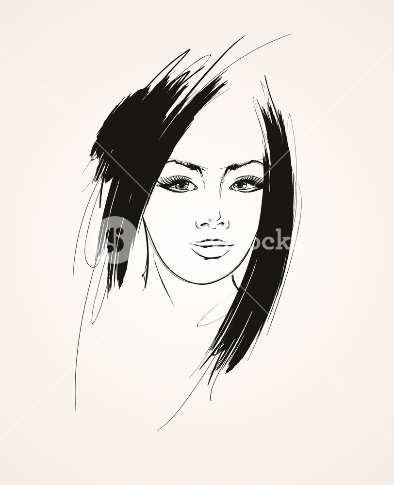 812x1000 Sketch. Face Of A Young Beautiful Woman With Long Hair. Women - Woman Sketch Face