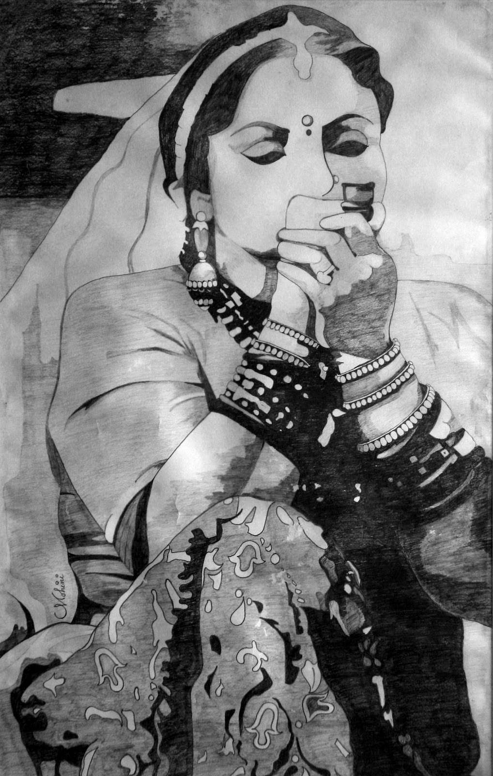 1018x1600 Afordable Paintings Pencil Sketches - Woman Smoking Sketch