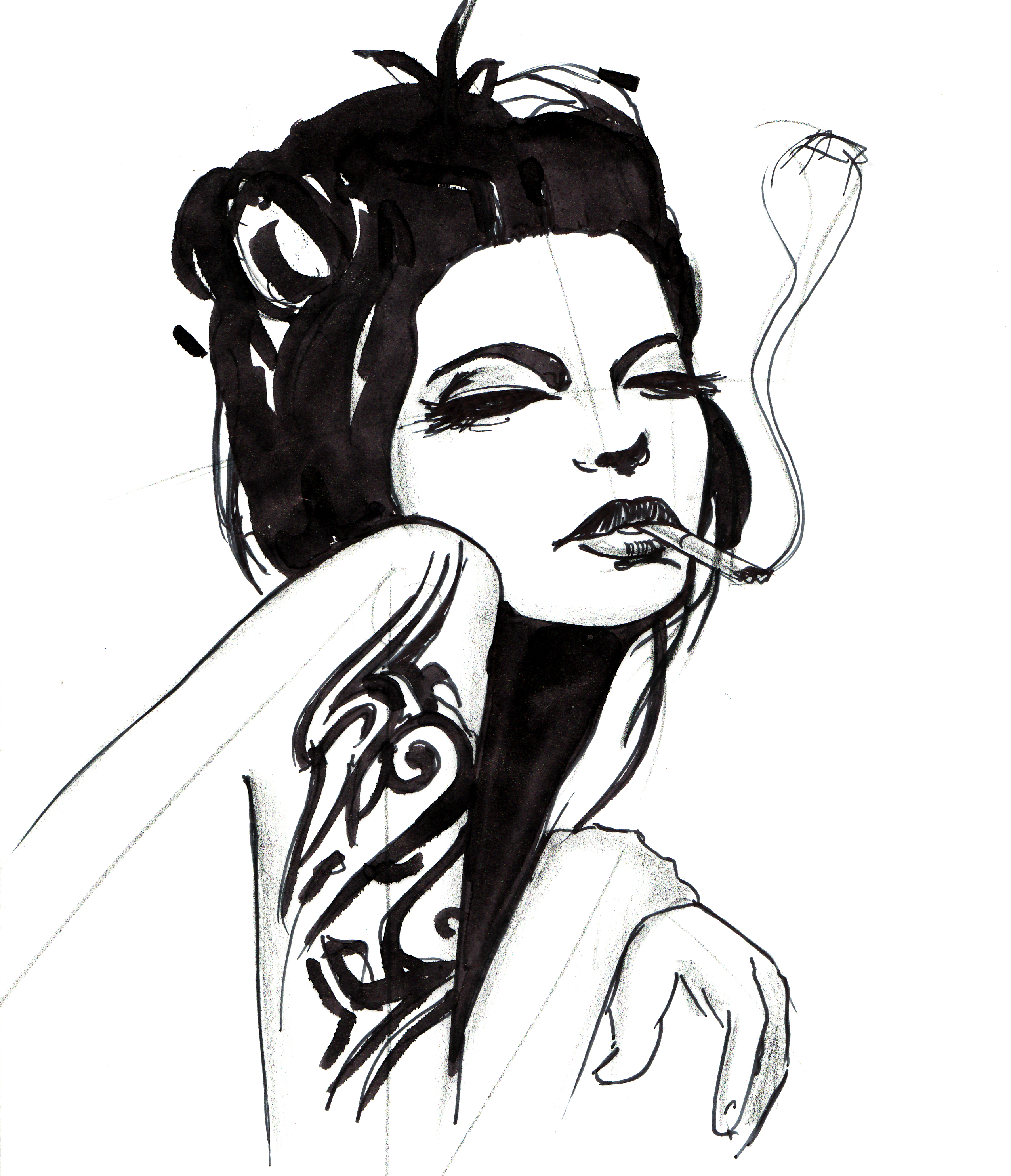 2552x2968 Smoking Lineweights - Woman Smoking Sketch