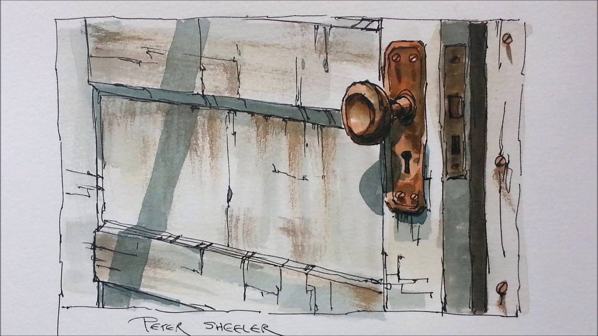 1920x1080 Line And Wash Demonstration Of An Old Door Watercolor Painting - Wooden Door Sketch