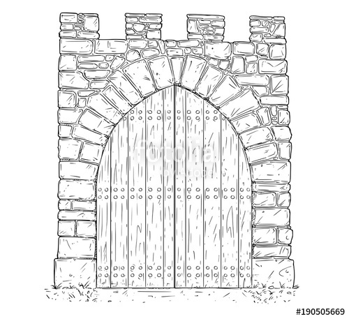 500x457 Cartoon Vector Doodle Drawing Illustration Of Medieval Stone - Wooden Door Sketch