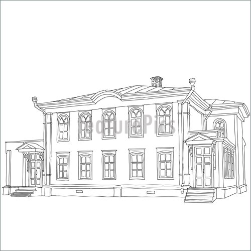 500x500 House Sketch Two Storey Wooden House Illustration - Wooden House Sketch