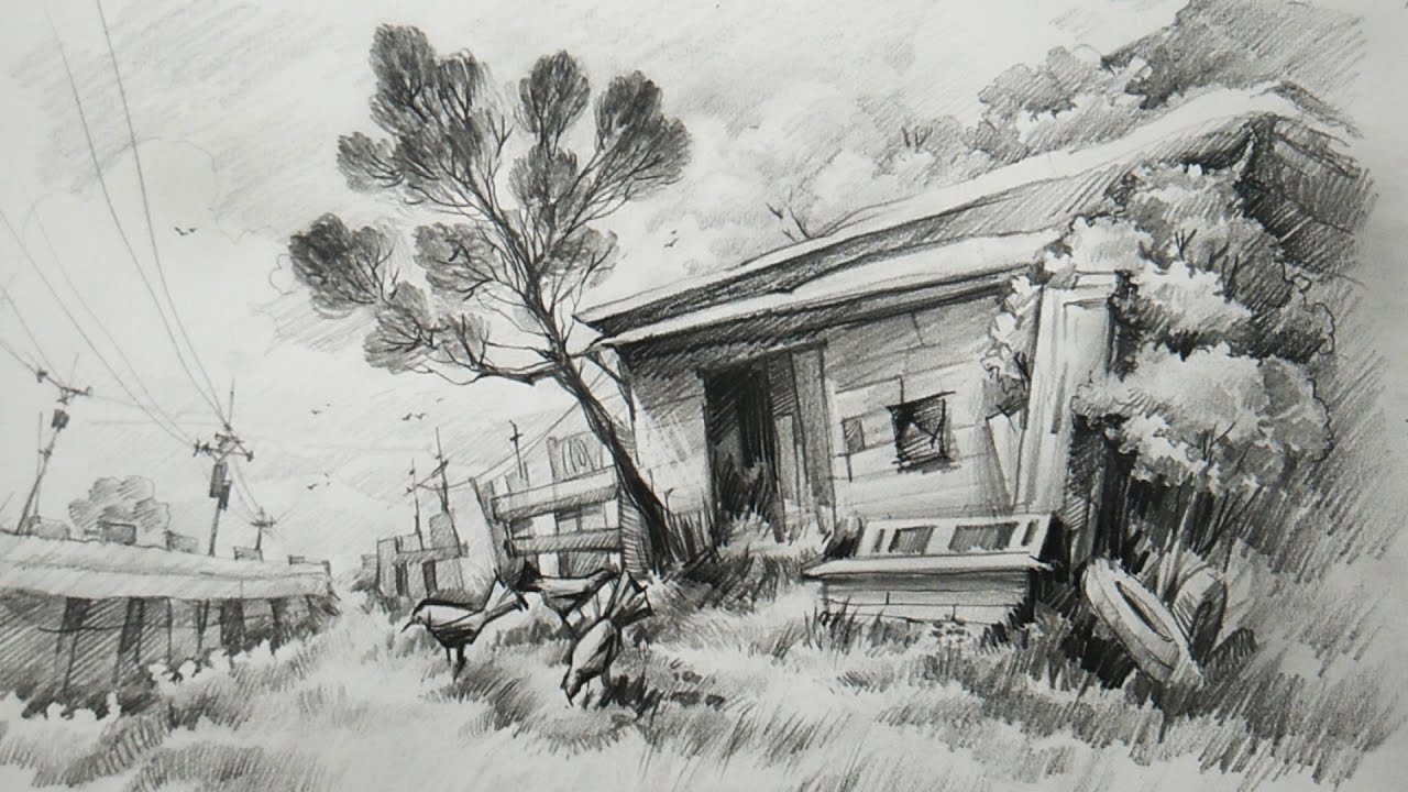 1280x720 How To Draw A Simple Small Wooden House With Pencil - Wooden House Sketch