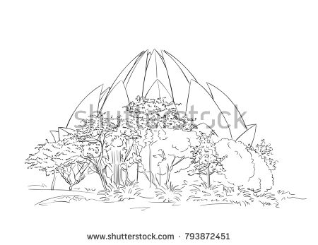 450x347 Sketch Of Lotus Temple Or Bahai House Of Worship With Tree Garden - Worship Sketch