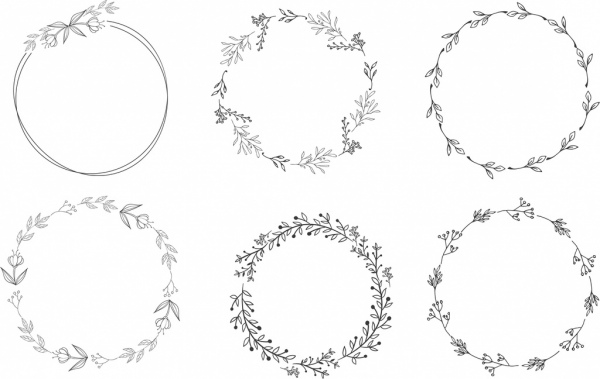600x379 Floral Wreath Design Elements Black White Circles Sketch Free - Wreath Sketch