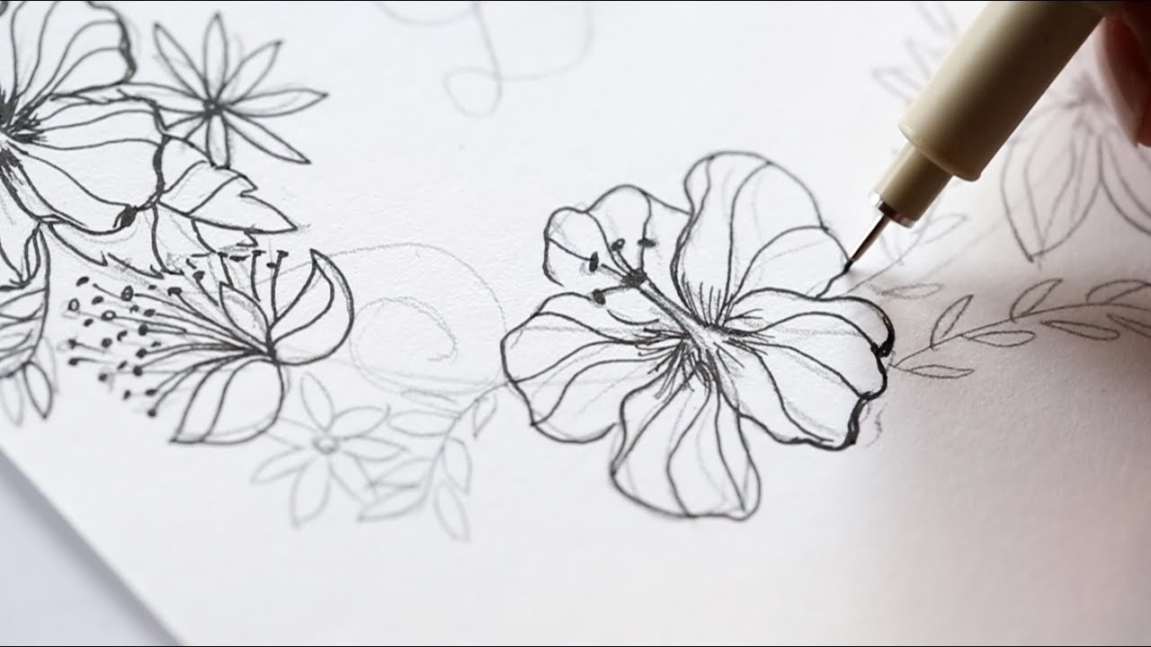 1280x720 How To Draw A Hibiscus Wreath, Speed Drawing, The Aloha Studios - Wreath Sketch