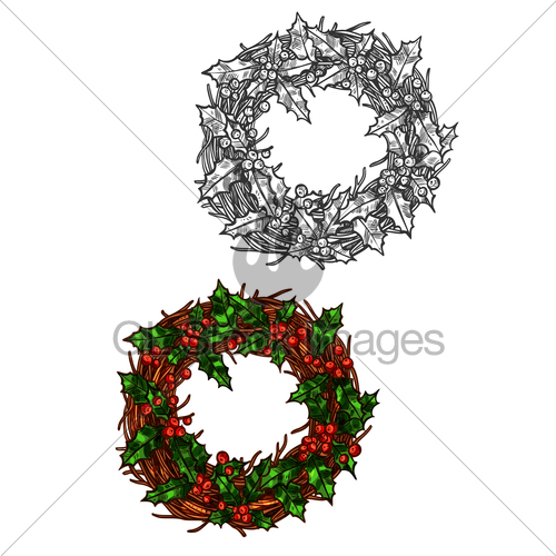 500x500 Christmas Wreath Of Holly Leaves Isolated Sketch Gl Stock Images - Wreath Sketch
