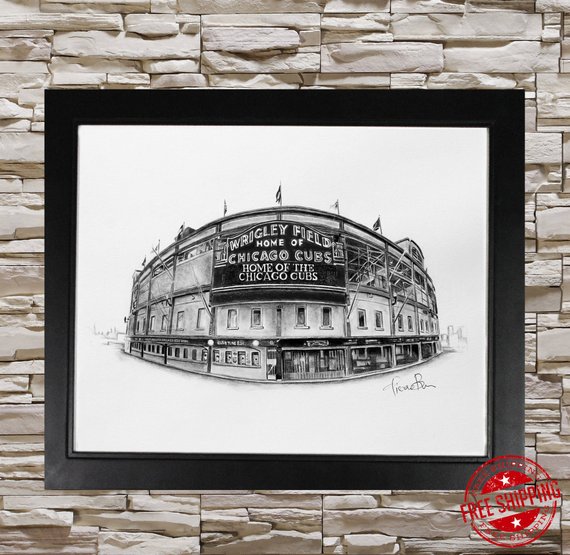 570x555 Wrigley Field Pencil Sketch Sport Bar Decor Mancave Decor Etsy - Wrigley Field Sketch