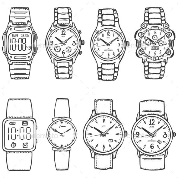590x590 Set Of Sketch Wrist Watches By Nikiteev Graphicriver - Wrist Watch Sketch