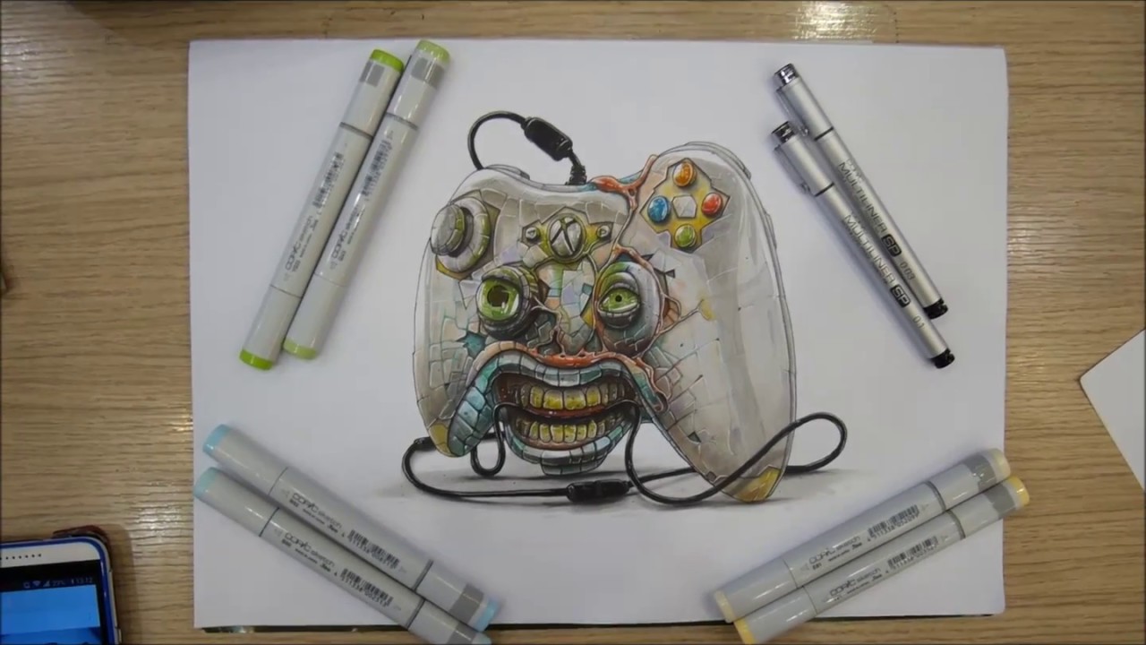1280x720 Tino Copic Markers Sketch Xbox Controller Trun Into A Zombie - Xbox Sketch