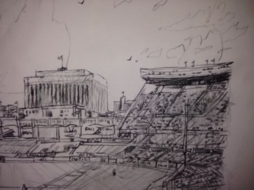 500x375 Thomas Kinkade Yankee Stadium Sketch Final Year 2008 Auytographed - Yankee Stadium Sketch