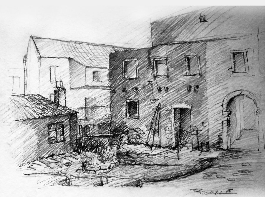 900x671 Middle Ages Yard Sketch By Montezuma Original - Yard Sketch