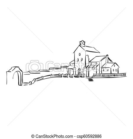450x470 Old Yard Drawing. Hand Drawn Vector Sketch. Business Concept Design. - Yard Sketch