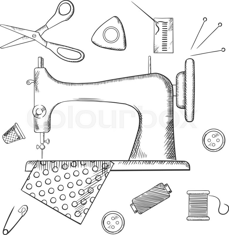 780x800 Sketched Sewing Icons Surrounding A Sewing Machine With Pin - Yarn Sketch