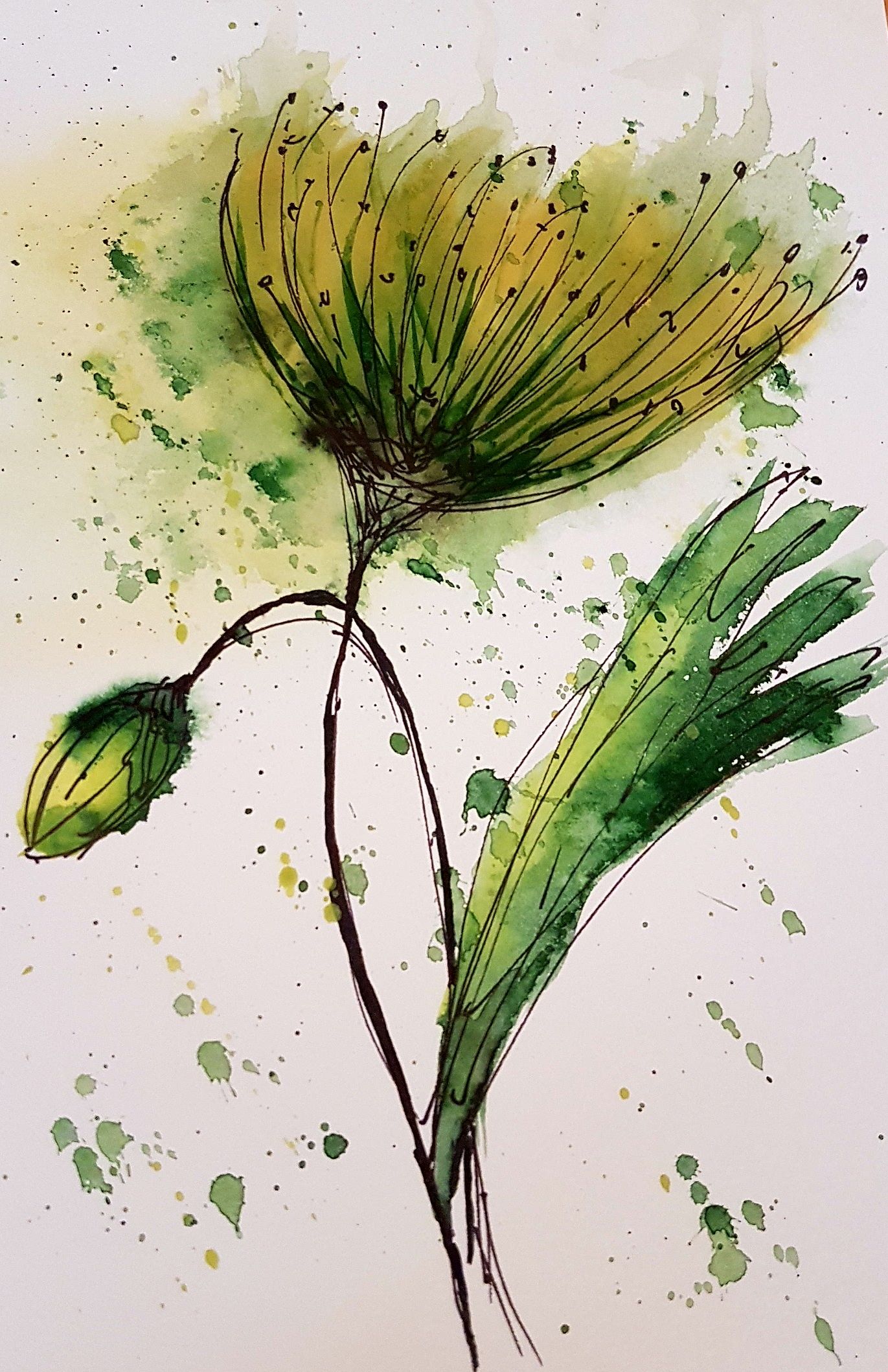 1371x2118 Green Yellow Loose Watercolour Flower - Yellow Flower Sketch